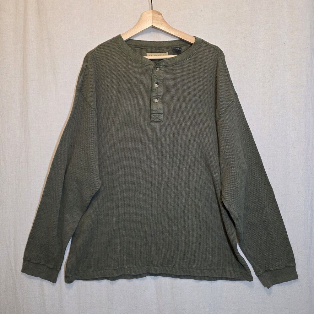 Natural Life Men's XXL Waffle Knit Henley Shirt Olive Green Military Style Flaw
